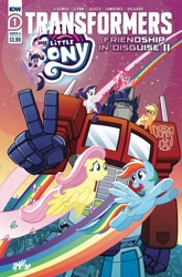 Size: 1600x2429 | Tagged: safe, artist:tonyfleecs, idw, imported from derpibooru, applejack, fluttershy, pinkie pie, rainbow dash, rarity, twilight sparkle, alicorn, comic cover, flying, mane six, one eye closed, optimus prime, peace sign, transformers, twilight sparkle (alicorn), wink