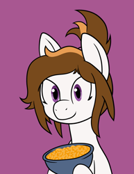 Size: 937x1213 | Tagged: safe, artist:scraggleman, imported from derpibooru, oc, oc:home sick, pegasus, bowl, cheese, food, holding, macaroni, macaroni and cheese, pasta, ponytail, solo