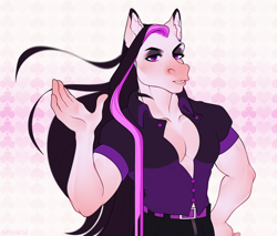 Size: 2350x2000 | Tagged: source needed, useless source url, safe, artist:bryach, imported from derpibooru, oc, oc only, oc:gray rain, anthro, earth pony, abstract background, anthro oc, bodybuilder, clothes, commission, ear fluff, ear piercing, earring, hand on hip, high res, hooped earrings, huge mane, jewelry, jojo reference, lidded eyes, looking at you, makeup, male, multicolored hair, muscles, muscular male, pants, piercing, pose, sexy, shirt, smiling, solo, standing