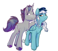 Size: 1834x1609 | Tagged: safe, artist:viwrastupr, imported from derpibooru, oc, oc only, oc:ice, oc:verlo streams, pegasus, pony, unicorn, derpibooru community collaboration, 2021 community collab, ear piercing, earring, female, hat, jewelry, male, mare, piercing, simple background, stallion, standing, transparent background