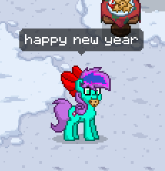 Size: 231x240 | Tagged: safe, imported from derpibooru, oc, oc:baby fluffkins, earth pony, pony, pony town, cookie, earth pony oc, food, happy new year, holiday, snow, winter