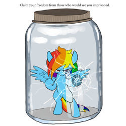 Size: 900x900 | Tagged: safe, artist:slamjam, imported from derpibooru, rainbow dash, pegasus, pony, cum jar, female, freedom, jar, lewd container meme, mare, solo, subtly suggestive, text, underhoof