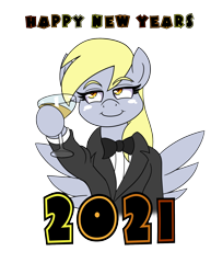 Size: 1280x1656 | Tagged: safe, artist:outofworkderpy, imported from derpibooru, derpy hooves, pegasus, pony, 2021, alcohol, bowtie, champagne, clothes, female, happy new year, happy new year 2021, hat, holiday, leonardo dicaprio, mare, meme, my little pony, simple background, solo, suit, the great gatsby, toasting, transparent background, wine