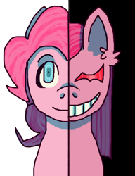 Size: 1508x1960 | Tagged: safe, artist:theedgyduck, imported from derpibooru, pinkie pie, earth pony, pony, bust, crossover, danganronpa, female, mare, monokuma, pinkamena diane pie, simple background, solo