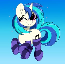 Size: 4096x4028 | Tagged: safe, artist:kittyrosie, imported from derpibooru, dj pon-3, vinyl scratch, pony, unicorn, blushing, clothes, cute, female, gradient background, heart, looking at you, mare, missing accessory, one eye closed, redraw, smiling, socks, solo, striped socks, vinylbetes, wink