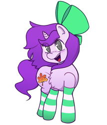 Size: 1596x1856 | Tagged: safe, artist:garu, imported from derpibooru, oc, oc only, oc:mable syrup, pony, unicorn, derpibooru community collaboration, 2021 community collab, blind, bow, clothes, png, purple hair, simple background, socks, solo, striped socks, transparent background