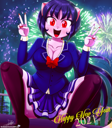 Size: 1620x1860 | Tagged: safe, artist:the-butch-x, imported from derpibooru, oc, oc only, oc:cassey, anthro, equestria girls, 2021, adult, breasts, cat ears, cleavage, clothes, double peace sign, happy new year, holiday, new year, peace sign, skirt, socks, solo, stockings, thigh highs