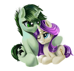 Size: 1920x1840 | Tagged: safe, artist:nihaicreeper, imported from derpibooru, oc, oc only, oc:candycan, oc:nihaicreeper, pony, unicorn, derpibooru community collaboration, 2021 community collab, creeper, duo, green eyes, horn, simple background, sitting, smiling, transparent background, unicorn oc