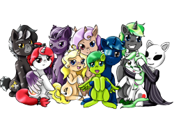 Size: 1398x1000 | Tagged: safe, artist:mysticalcreations417, imported from derpibooru, oc, oc:aura skye, oc:azure slash, oc:evergreen feathersong, oc:jrog, oc:miss final verse, oc:rose beat, oc:set-l, oc:shadow strike, oc:sketch heart, oc:songheart, bird, hybrid, owl, owl pony, pegasus, skeleton pony, unicorn, zebra, zony, derpibooru community collaboration, 2021 community collab, bone, glasses, half bat pony, heterochromia, hug, noogie, scouter, simple background, skeleton, transparent background, winghug