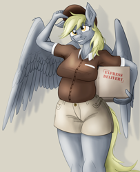 Size: 1896x2337 | Tagged: safe, artist:sixes&sevens, imported from derpibooru, derpy hooves, anthro, pegasus, box, breasts, busty derpy hooves, chubby, clothes, female, grin, hat, mailmare, mailmare uniform, mare, package, shorts, simple background, smiling, solo, solo female