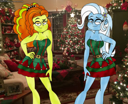 Size: 1280x1047 | Tagged: safe, artist:rdj1995, imported from derpibooru, adagio dazzle, trixie, equestria girls, christmas, female, holiday, lesbian, shipping, triagio