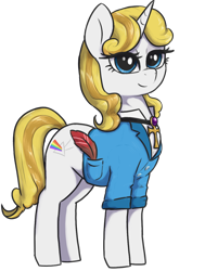 Size: 964x1272 | Tagged: safe, artist:t72b, imported from derpibooru, oc, oc only, oc:guiding light, pony, unicorn, derpibooru community collaboration, 2021 community collab, ankh, clothes, female, jacket, mare, quill, simple background, solo, transparent background