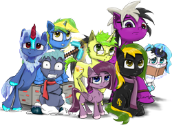 Size: 2000x1446 | Tagged: safe, artist:chopsticks, derpibooru exclusive, imported from derpibooru, oc, oc only, oc:arctic mist, oc:brisk bronco, oc:cookie cutter, oc:faded page, oc:sassy lost, oc:speed, oc:verglas frost, oc:vermont black, earth pony, kirin, pegasus, pony, unicorn, derpibooru community collaboration, 2021 community collab, bipedal, bipedal leaning, book, cheek fluff, chest fluff, clothes, diverse body types, ear fluff, female, filly, floppy ears, foal, glasses, heterochromia, kirin oc, leaning, looking at you, magic, male, mare, minecraft block, pickaxe, scarf, shivering, simple background, snow, stallion, teenager, telekinesis, transparent background, unshorn fetlocks
