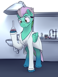 Size: 3000x4000 | Tagged: safe, artist:toanderic, imported from derpibooru, oc, oc only, pegasus, pony, blurred background, blurry background, chemicals, chemistry, clothes, folded wings, lab coat, laboratory, male, no pupils, pegasus oc, safety goggles, science, scientist, signature, solo, solo male, stallion, standing, test tube, unshorn fetlocks, wings