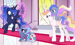 Size: 2500x1500 | Tagged: safe, artist:stellamoonshine, artist:stellamoonshineyt, imported from derpibooru, princess celestia, princess luna, oc, oc:shadow sun, oc:sunlight aurora, oc:sunny moon, alicorn, pony, unicorn, alternate hairstyle, female, filly, glowing, glowing horn, horn, magic, magical lesbian spawn, offspring, parent:king sombra, parent:princess celestia, parent:princess luna, parents:celestibra, parents:princest, product of incest