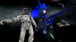 Size: 1386x782 | Tagged: source needed, useless source url, safe, artist:derpyanon_, imported from derpibooru, princess luna, alicorn, human, pony, 3d, astronaut, cute, duo, luna and the nauts, solo, source filmmaker, space, spacesuit