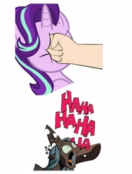 Size: 3106x4096 | Tagged: safe, idw, imported from derpibooru, queen chrysalis, starlight glimmer, spoiler:comic35, abuse, cadance laughs at your misery, chrysalis laughs at your misery, chrysalis sure does hate starlight, exploitable meme, fist, glimmerbuse, meme, obligatory pony, op is a duck, op is trying to start shit, punch, starlight vs chrysalis