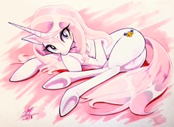 Size: 2048x1502 | Tagged: safe, artist:025aki, imported from derpibooru, fleur-de-lis, pony, unicorn, butt, female, fleur-de-rriere, lying down, mare, plot, stupid sexy fleur-de-lis, traditional art, underhoof