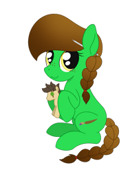 Size: 1049x1386 | Tagged: safe, artist:dyonys, derpibooru exclusive, imported from derpibooru, oc, oc only, oc:lucky brush, oc:night chaser, earth pony, derpibooru community collaboration, 2021 community collab, female, freckles, holding, mare, plushie, simple background, sitting, transparent background