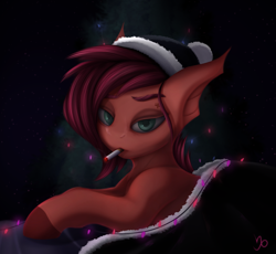 Size: 1793x1650 | Tagged: safe, artist:batsdisaster, imported from derpibooru, fluttershy, pony, vampire, vampony, alternate hairstyle, bat ears, blanket, christmas, christmas tree, cigarette, colored hooves, female, green eyes, hat, holiday, lying down, mare, prone, santa hat, smoke, smoking, solo, tree