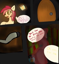 Size: 1145x1242 | Tagged: safe, artist:thatknuxandsilverfan, imported from derpibooru, roseluck, oc, oc:swirlee doo, earth pony, pony, unicorn, comic, commissioner:bigonionbean, covering eyes, cutie mark, dialogue, door, energy, horn, lantern, magic, scrunchy face, shadow, underground, walking, writer:bigonionbean