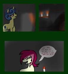 Size: 1145x1242 | Tagged: safe, artist:thatknuxandsilverfan, imported from derpibooru, roseluck, oc, oc:swirlee doo, earth pony, pony, unicorn, basement, candle, comic, commissioner:bigonionbean, cutie mark, dialogue, door, energy, horn, lantern, magic, shadow, underground, walking, writer:bigonionbean