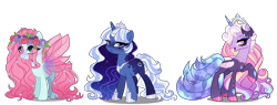 Size: 6240x2380 | Tagged: safe, artist:gihhbloonde, imported from derpibooru, oc, oc only, changepony, draconequus, hybrid, pony, unicorn, female, interspecies offspring, magical lesbian spawn, mare, offspring, parent:discord, parent:fluttershy, parent:ocellus, parent:princess cadance, parent:princess luna, parent:trixie, parents:discodance, parents:luxie, simple background, transparent background