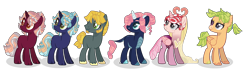 Size: 3600x1096 | Tagged: safe, artist:spectrumnightyt, imported from derpibooru, oc, oc only, oc:golden stone, oc:holly heart warming, oc:kunzite, oc:pineapple leaf, oc:ruby sparkle, oc:sapphire sparkle, changepony, dracony, dragon, earth pony, hippogriff, hybrid, pony, unicorn, female, interspecies offspring, male, mare, offspring, parent:big macintosh, parent:king sombra, parent:marble pie, parent:princess flurry heart, parent:rarity, parent:scootaloo, parent:spike, parent:terramar, parent:thorax, parent:twilight sparkle, parents:flurrax, parents:marblemac, parents:sparity, parents:terraloo, parents:twibra, ponygriff, simple background, stallion, transparent background