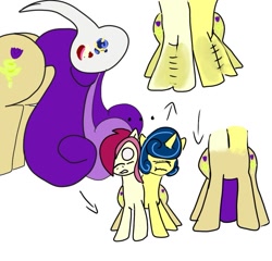 Size: 939x901 | Tagged: safe, artist:thatknuxandsilverfan, imported from derpibooru, roseluck, oc, oc:swirlee doo, oc:tulip twist, earth pony, pony, unicorn, butt, commissioner:bigonionbean, conjoined, cutie mark, energy, flank, forced, fusion, fusion:tulip twist, magic, merge, merging, plot, writer:bigonionbean