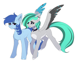 Size: 2500x2000 | Tagged: safe, artist:villjulie, derpibooru exclusive, imported from derpibooru, oc, oc:julie, oc:raylanda, earth pony, pegasus, pony, derpibooru community collaboration, 2021 community collab, colored wings, female, flying, lesbian, looking at each other, mare, multicolored wings, oc x oc, shipping, simple background, smiling, spotted wings, spread wings, transparent background, wings