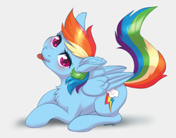 Size: 4105x3232 | Tagged: safe, artist:taytinabelle, imported from derpibooru, rainbow dash, pegasus, pony, :p, behaving like a cat, blushing, chest fluff, cute, dashabetes, dock, ear fluff, female, looking at you, looking up, mare, raised tail, simple background, solo, tail, tongue out, white background