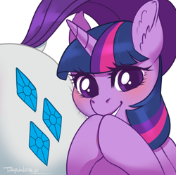 Size: 3516x3496 | Tagged: safe, artist:taytinabelle, derpibooru exclusive, imported from derpibooru, rarity, twilight sparkle, pony, unicorn, blushing, butt, dock, duo, ear fluff, female, looking at you, mare, praying, rearity, simple background, smiling, white background