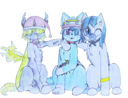 Size: 2196x1696 | Tagged: safe, artist:fliegerfausttop47, edit, imported from derpibooru, oc, oc only, hybrid, pony, derpibooru community collaboration, 2021 community collab, hug, simple background, traditional art, transparent background, trio