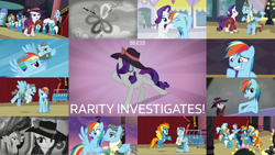 Size: 1966x1107 | Tagged: safe, edit, edited screencap, editor:quoterific, imported from derpibooru, screencap, blaze, fire streak, fleetfoot, high winds, lightning streak, misty fly, rainbow dash, rarity, soarin', spitfire, stormy flare, wind rider, rarity investigates, compilation, detective rarity, noir, rain