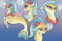 Size: 4000x2668 | Tagged: safe, artist:artmadebyred, imported from derpibooru, princess skystar, seapony (g4), my little pony: the movie, blue eyes, cute, eyelashes, female, fin wings, fins, fish tail, flower, flower in hair, freckles, frown, jewelry, looking down, necklace, pearl necklace, signature, skyabetes, smiling, tail, wings