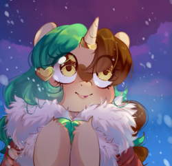 Size: 881x850 | Tagged: safe, artist:loyaldis, imported from derpibooru, oc, oc only, oc:peppermint coco, pony, unicorn, bust, cloak, clothes, cute, eyelashes, femboy, heart, hoof polish, horn, horn ring, jewelry, male, ring, smiling, solo, solo male, unicorn oc, unshorn fetlocks