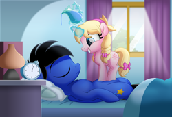 Size: 3000x2053 | Tagged: safe, artist:jhayarr23, imported from derpibooru, oc, oc only, oc:xeto, pegasus, pony, unicorn, alarm clock, bed, bow, clock, eyes closed, female, filly, hair bow, hairband, lying down, mane bow, on back, pitcher, sleeping, tail bow, this will end in screams, water