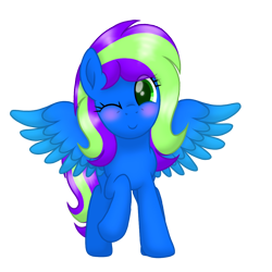 Size: 1080x1080 | Tagged: safe, artist:itsnovastarblaze, artist:xxxdavid09xxx, imported from derpibooru, oc, oc only, oc:novastar blaze, pony, derpibooru community collaboration, 2021 community collab, blushing, cute, eye clipping through hair, female, looking at you, mare, one eye closed, simple background, solo, spread wings, standing, transparent background, wings, wink, winking at you