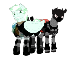 Size: 2800x2240 | Tagged: safe, artist:parallel black, imported from derpibooru, oc, oc:seldom, oc:skycroft, changeling, pegasus, derpibooru community collaboration, 2021 community collab, anvil, armor, bandage, bottle, digital art, horse collar, looking at you, simple background, transparent background, yoke