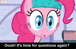 Size: 1920x1246 | Tagged: safe, edit, edited screencap, imported from derpibooru, screencap, pinkie pie, earth pony, pony, comic:celestia's servant interview, baby cakes, read it and weep, season 2, :o, caption, cs captions, female, interview, looking at you, mare, open mouth, sweatband, text, wide eyes