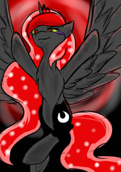 Size: 1024x1449 | Tagged: safe, artist:muserkikki, imported from derpibooru, princess luna, alicorn, pony, art trade, black background, color change, corrupted, corrupted luna, dark luna, dark magic, designer:neoncel, ethereal mane, female, jewelry, magic, simple background, solo, sombra eyes, starry mane, tiara