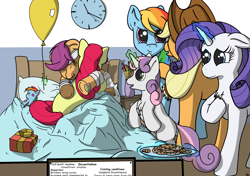 Size: 5016x3541 | Tagged: safe, artist:db, imported from derpibooru, apple bloom, applejack, rainbow dash, rarity, scootaloo, sweetie belle, earth pony, pegasus, pony, unicorn, balloon, bandage, chest fluff, cookie, cute, daaaaaaaaaaaw, eyes closed, feels, food, hoof on chest, hospital, hug, open mouth, plushie, present, scootalove, smiling, teary eyes, underhoof