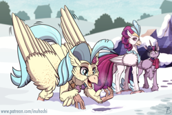 Size: 1772x1181 | Tagged: safe, artist:inuhoshi-to-darkpen, imported from derpibooru, princess skystar, queen novo, twilight sparkle, alicorn, hippogriff, my little pony: the movie, clothes, cute, female, mother and child, mother and daughter, scarf, skyabetes, snow, twilight sparkle (alicorn), winter