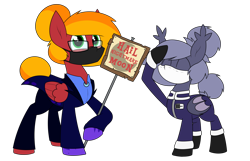 Size: 3062x1974 | Tagged: safe, artist:moonatik, derpibooru exclusive, imported from derpibooru, oc, oc only, oc:moonatik, oc:selenite, bat pony, pegasus, pony, derpibooru community collaboration, 2021 community collab, bat pony oc, bat wings, boots, clothes, face mask, female, glasses, gloves, hair bun, implied nightmare moon, male, mare, mask, military uniform, pegasus oc, salute, shoes, sign, simple background, stallion, tail bun, the conscientious objector, transparent background, uniform, wings