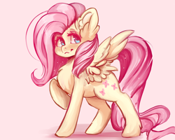 Size: 900x720 | Tagged: safe, artist:valeria_fills, imported from derpibooru, fluttershy, pegasus, pony, chest fluff, cute, cutie mark, digital art, ear fluff, female, looking at you, mare, raised hoof, shyabetes, simple background, solo, spread wings, standing, tail, wings