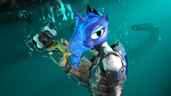 Size: 1280x720 | Tagged: safe, artist:cryowolf9, imported from derpibooru, princess luna, alicorn, anthro, 3d, armor, clothes, crown, dead space, female, horn, jewelry, regalia, solo, solo female, source filmmaker, suit, underwater, weapon