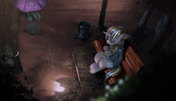 Size: 4000x2300 | Tagged: safe, artist:theprince, imported from derpibooru, oc, oc only, pony, unicorn, bench, clothes, crying, cutie mark, hat, rain, sad, sitting, streetlight, trash can, umbrella