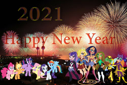 Size: 1024x687 | Tagged: safe, artist:cartoonmasterv3, imported from derpibooru, applejack, fluttershy, pinkie pie, rainbow dash, rarity, twilight sparkle, alicorn, earth pony, pegasus, pony, unicorn, 2021, batgirl, bumblebee (dc comics), bumblebee (dc), dc superhero girls, fireworks, green lantern, happy new year, happy new year 2021, holiday, mane six, supergirl, twilight sparkle (alicorn), wonder woman, zatanna