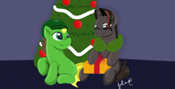 Size: 1366x698 | Tagged: safe, artist:julie25609, imported from derpibooru, oc, oc:lord infernal cinders, oc:weedy, pony, unicorn, christmas, christmas tree, duo, hearth's warming, holiday, present, tree