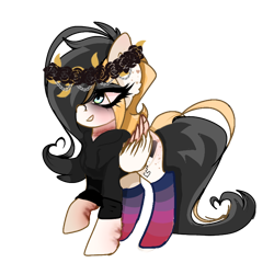 Size: 768x768 | Tagged: safe, artist:moodi, imported from derpibooru, oc, oc only, oc:moodiness express, pegasus, pony, derpibooru community collaboration, 2021 community collab, bags under eyes, clothes, colored wings, cute, cutie mark, floral head wreath, flower, folded wings, freckles, hoodie, multicolored wings, nose piercing, nose ring, piercing, scar, self harm scars, simple background, smiling, socks, solo, striped socks, transparent background, wings